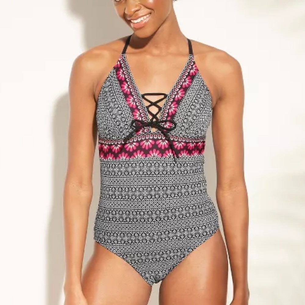 Floral Tribal Lace Up Front One Piece Swimsuit